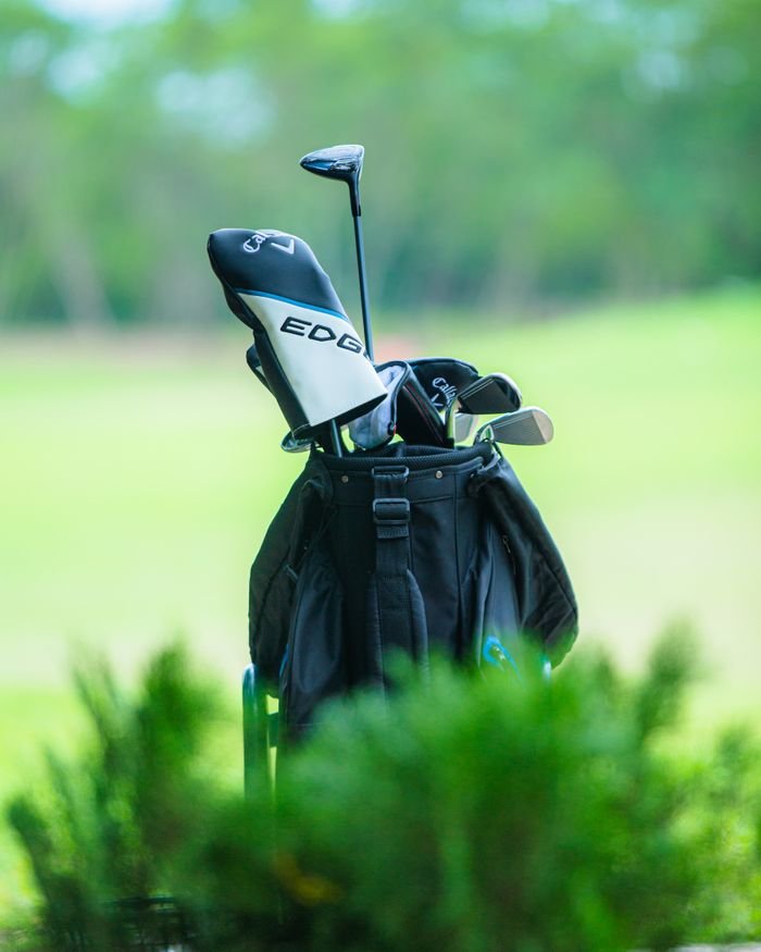A close-up of a golf bag with clubs on a lush green golf course, perfect for sport enthusiasts.