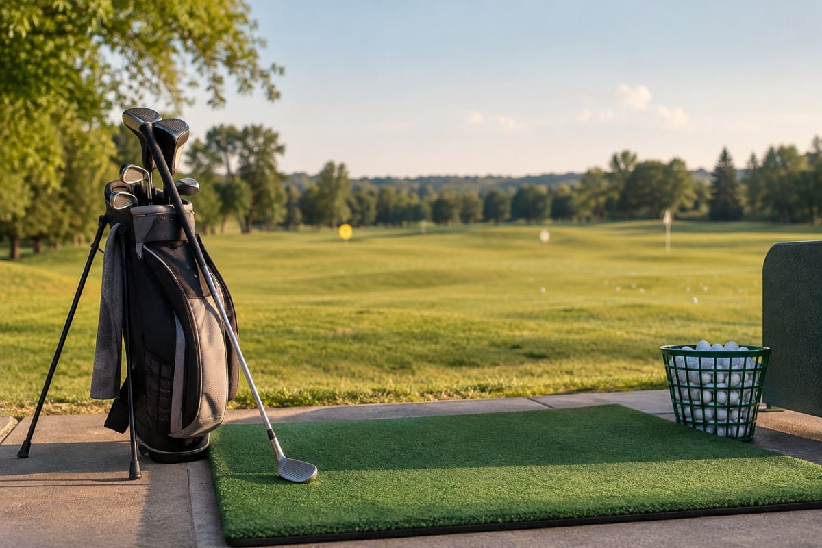 Golf bag, iron and basket of practice balls beside a driving-range mat