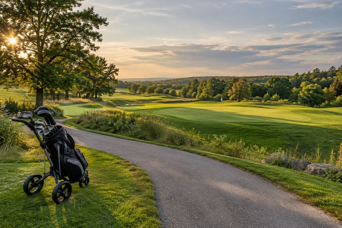 Golf bag on a push trolley beside a winding path and sunlit fairway