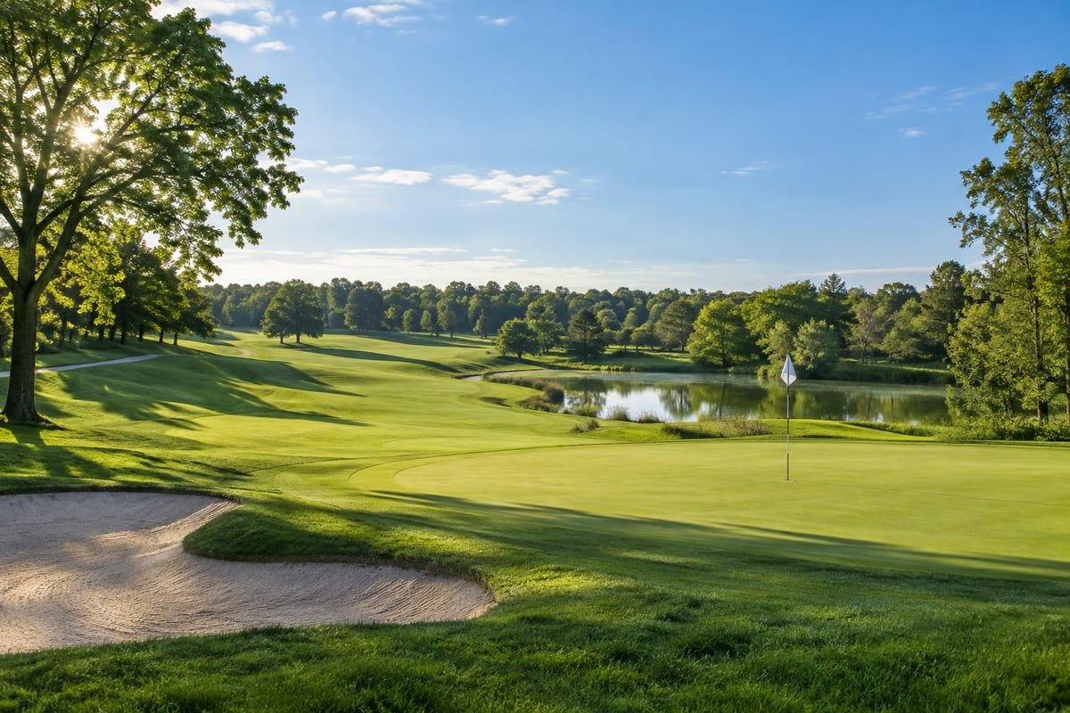 Illustrative golf-course green with a flagstick, sand bunker and mature trees